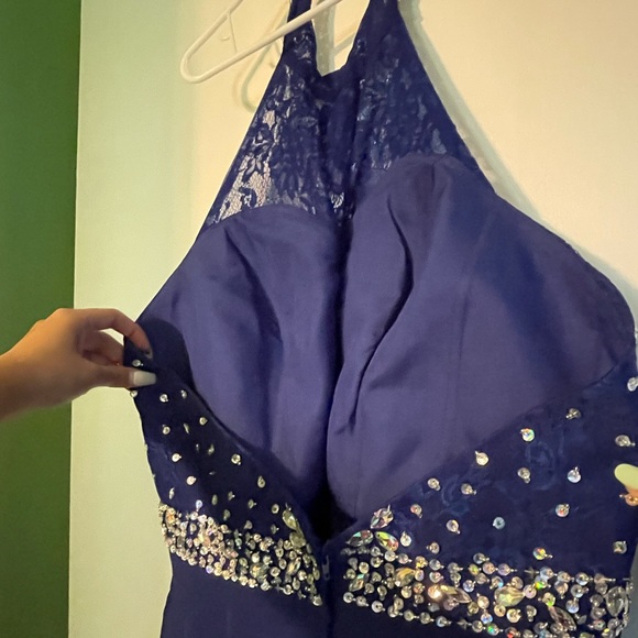 Navy Blue Rhinestone Long Halter Dress - Picture 5 of 6